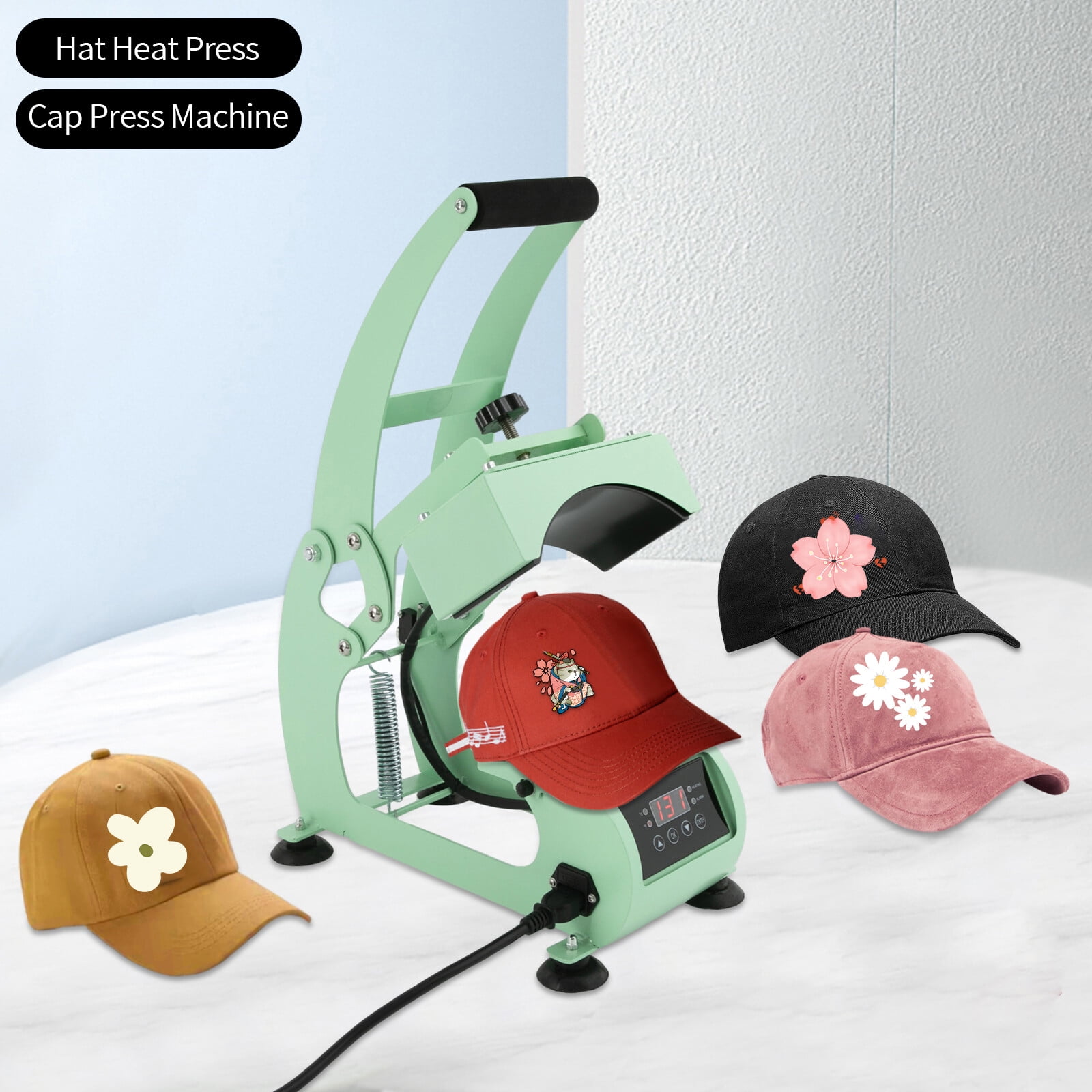 500W Cap Heat Press Machine, 2-in-1 Hat Heat Press, Light Green, Heat Transfer Machine, Easy to Use, Hat Heat Press Machine with Digital LCD Timer & Temperature Control, 110V