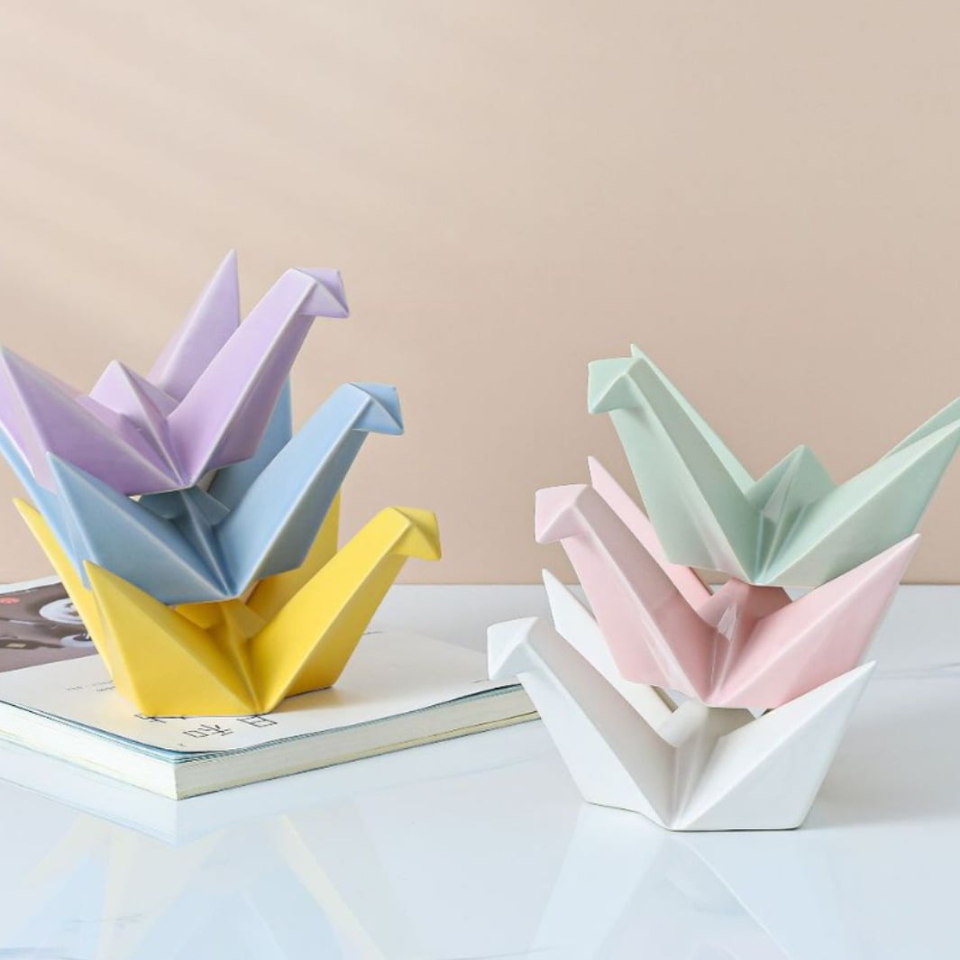 Ceramic Origami Crane Figurine Statue Handcrafted Crane Shaped Statue for Home Decor Ornament - White