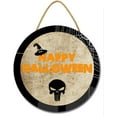 thumbnail image 1 of Eveokoki 12" Happy Halloween Skull Sign for Front Door Round Wooden Hanging Wreaths for Home Wall Decor Halloween Day Party Decoration Outdoor Indoor, 1 of 5