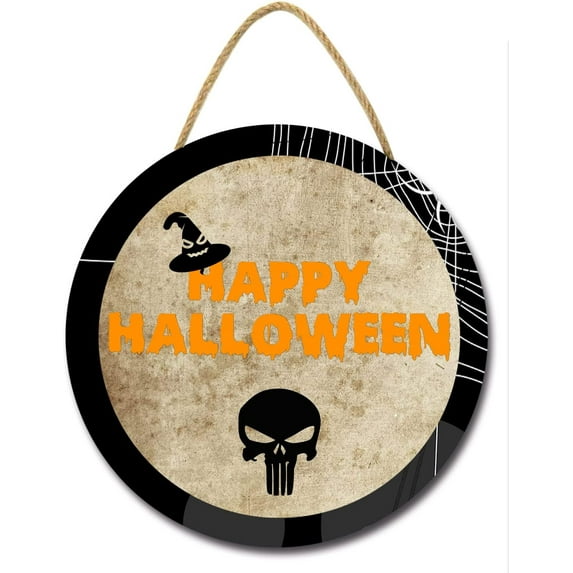 Eveokoki 12" Happy Halloween Skull Sign for Front Door Round Wooden Hanging Wreaths for Home Wall Decor Halloween Day Party Decoration Outdoor Indoor