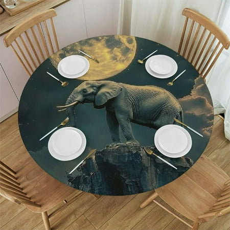 

HYKY Elephant Moon Clouds Round Table Cloth 100% Polyester Fiber Tablecloth Various Sizes Machine Washable Home Decoration 31 -35