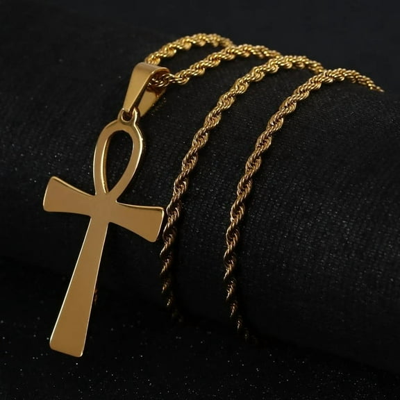 Vintage Egyptian Ankh Cross Life Key 14K Yellow Gold Pendant Necklace Men's Punk Pharaoh Amulet Lucky Jewelry