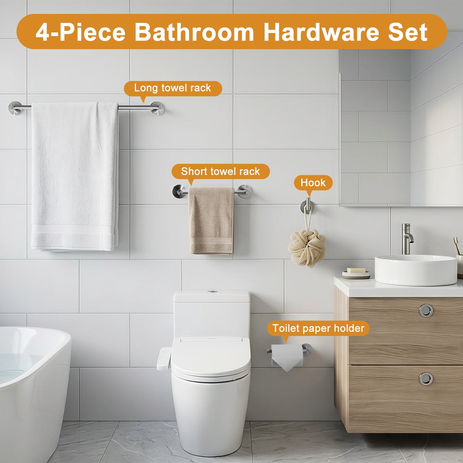 4-Piece Brushed Nickel Stainless Steel Bathroom Hardware Set, Towel Bars, Toilet Paper Holder & Robe Hook Wall Mount Bathroom Accessories Kit