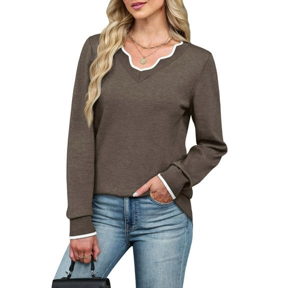 Women'S Sweaters Casual V-Neck Long Sleeve Sweaters Loose Solid Fall Tops Pullover Sweater Coffee S