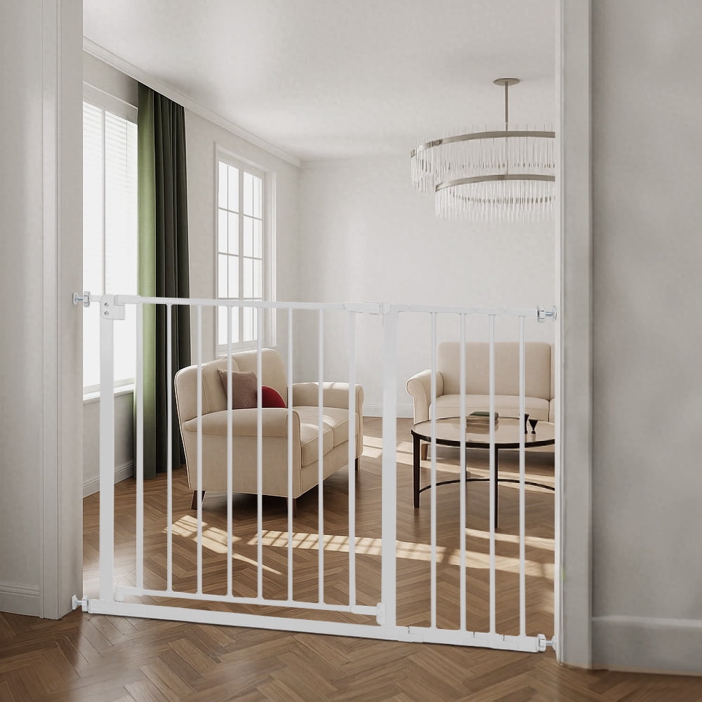 Pet Gate, Domipet 29.5"-43.3" Extra Wide Safety Pet Gate for Stairs Doorways, Top of Stairs, White