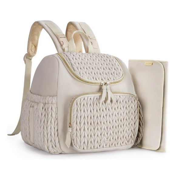 Sac à Couches - Sac à Dos à Couches - Sac à Langer - Ensemble de Deux Sacs à Couches, Petit Sac à Dos à Couches, Sac à Dos de Voyage Élégant pour Bébé avec Poche Isolée, Tapis à Langer et Sangle pour Poussette - Beige