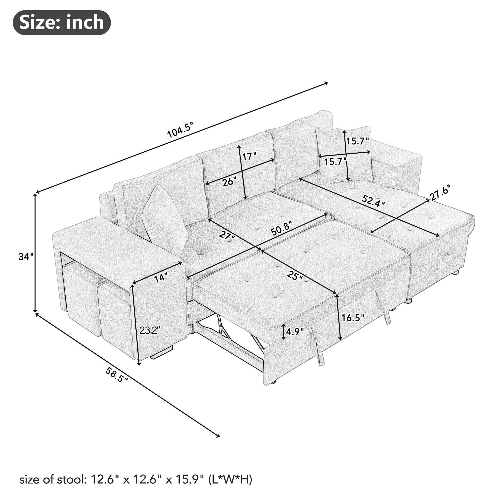 104.5" 3 Seat Reversible Sectional Couch, L-Shape Modern Pull Out Sleeper Sofa with Storage Chaise and 2 Stools for Living Room,Gray