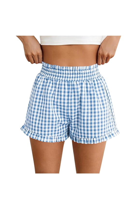 Shorts for Women Gingham Pajama Summer Casual Lounge Sleep Plaid Shorts Beach Bottoms Light Blue