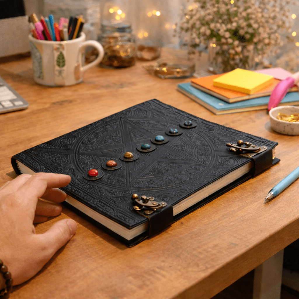 Soul Sticks Embossed Black 7 Chakras Genuine Leather 200 Page Journal 10" x 13"
