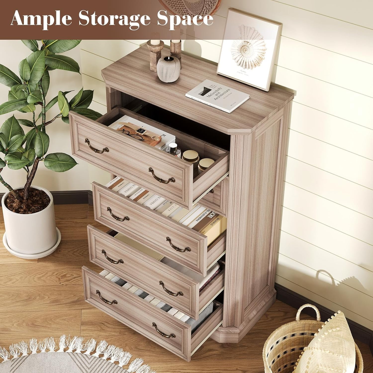 VanAcc Farmhouse 48" Tall 5 Drawers Dresser for Bedroom, Wood Rustic Chest with Corner Bevel Shape for Bedroom, Living Room, Hallway, Grey Walnut