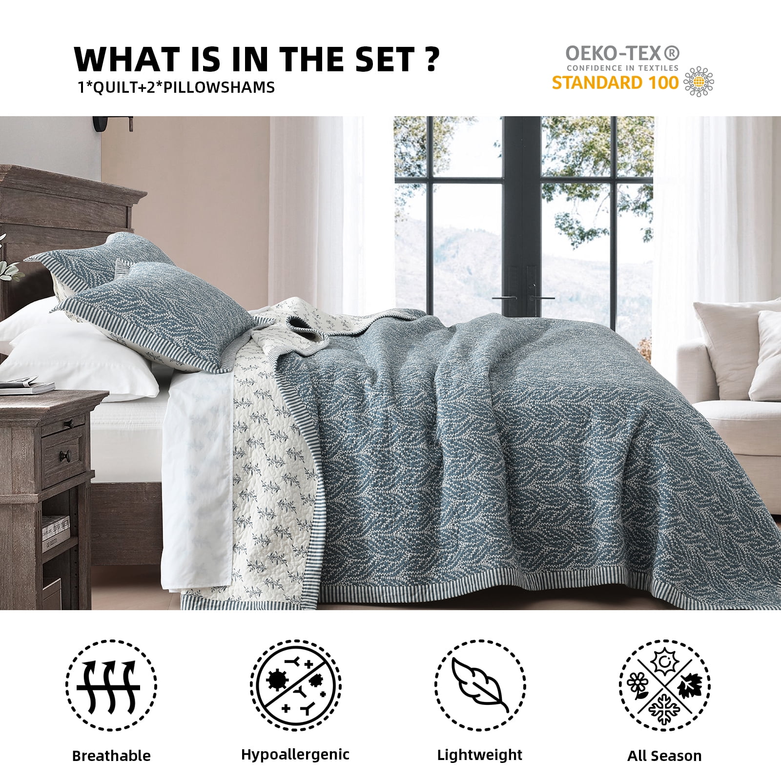 PANGUSHAN 100% Cotton King Quilt Set, Farmhouse King Size Quilt Bedding Set Bedspreads, Reversible Botanical Patterns Quilted Lightweight Comforter, Grayish-Blue/White Bed Spread for King Bed