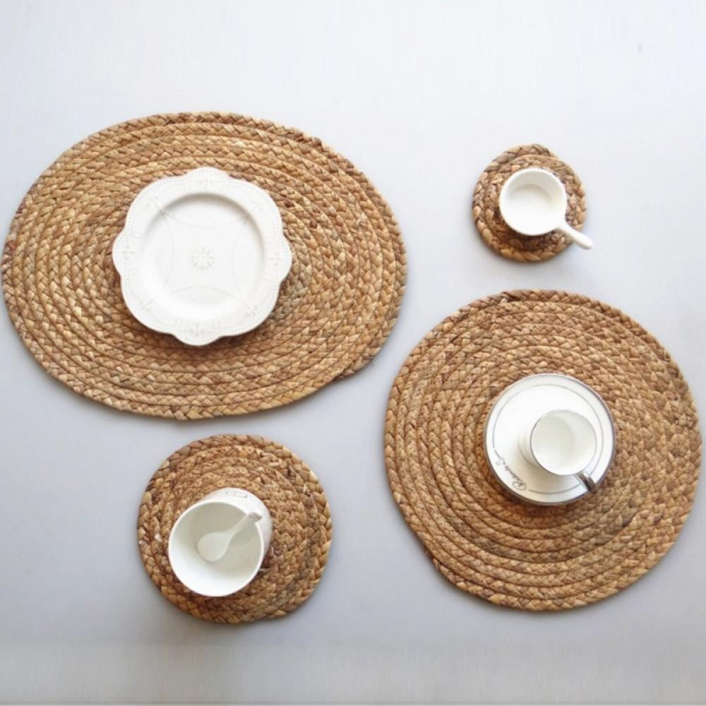 Round Woven Placemats For Dining Table, Water Hyacinth Straw Braided
