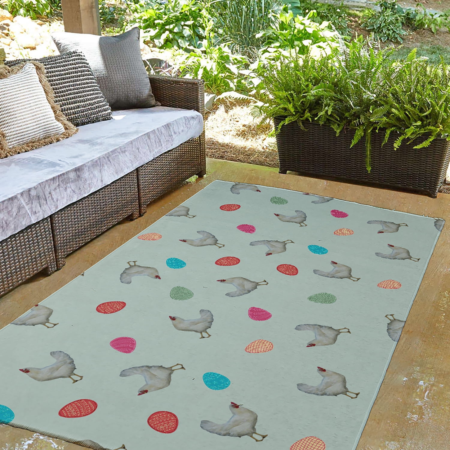 Simply Daisy 3' x 5' Breezeway Green Chickens and Eggs Easter Chenille Indoor/Outdoor Rug