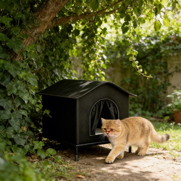 Outdoor Cat House, Waterproof Insulated Feral Cat Shelter Foldable Weatherproof Pet Tent With Raised Base, All Season Cat House For Porch Yard Garage Outdoor Rescue