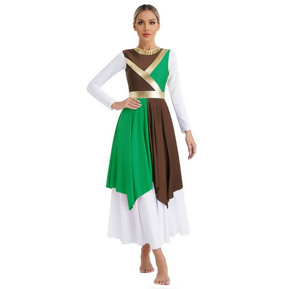YONGHS Color Block Praise Dance Dress Sleeveless Asymmetrical Hem Liturgical Dancewear for Women Brown&Green L