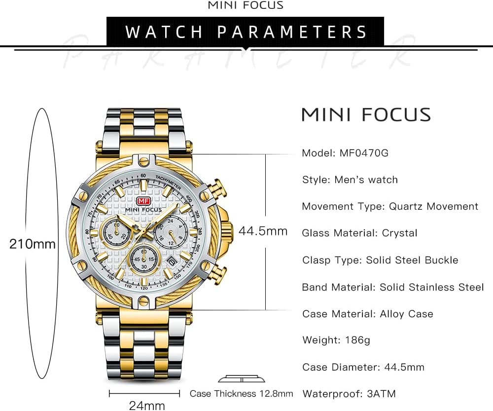 Business Men Watches (Chronograph/Waterproof/Luminous/Calendar/24 Hours) Big Face Stainless Steel Band Watches for Men