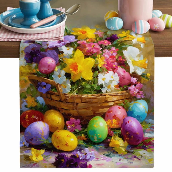 Yellow Purple Flower Table Runner, Oil Painting Color Eggs Easter Basket Spring Cotton Linen Kitchen Table Decoration Washable Dining Tabletop Runners for Home Party Decor 13x36 Inches