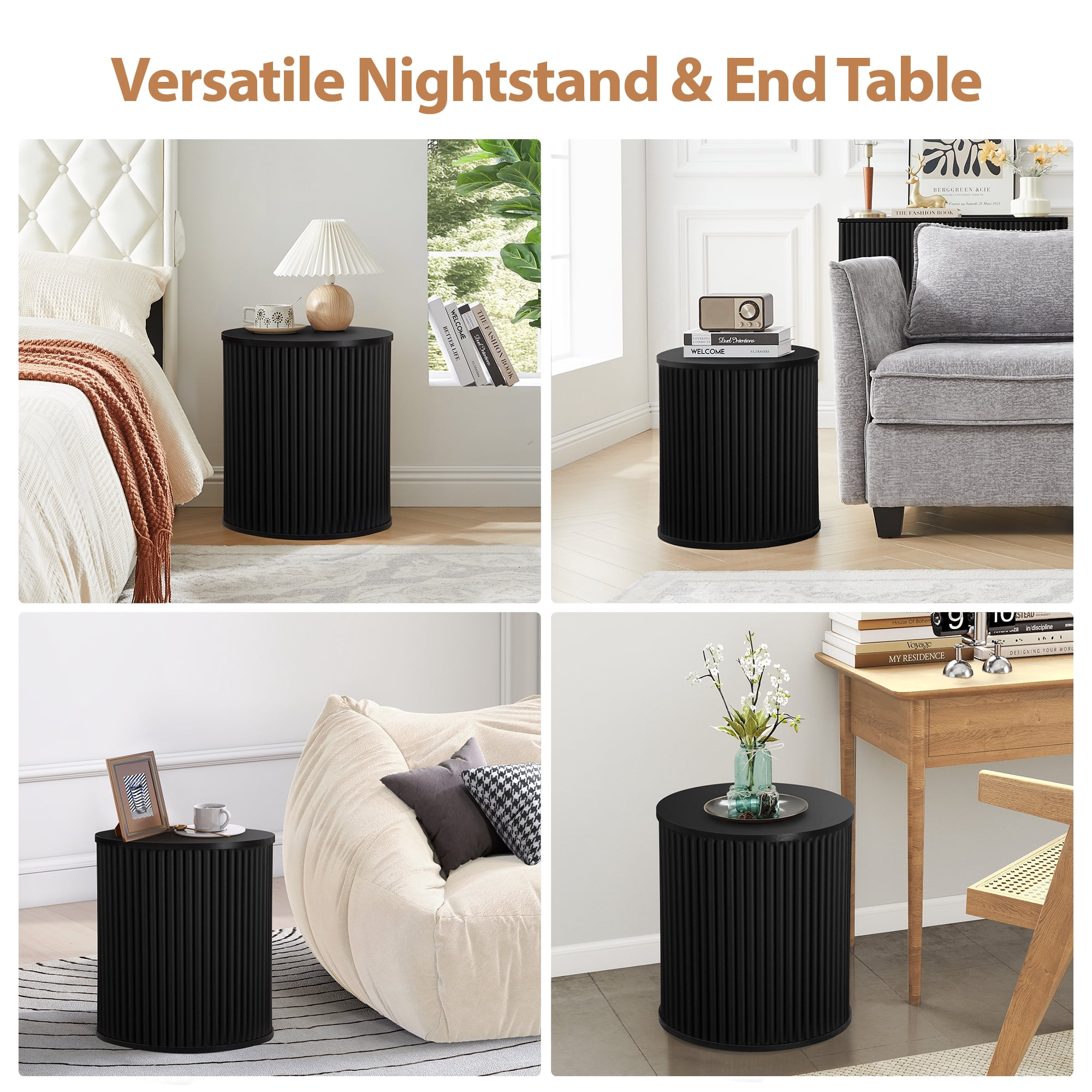 Wirrytor Round Side Table for living room, Fluted End Table for Small Spaces, Mid Century Modern Small Accent Tables, Bedside Table, Couch Side Table, Nightstand for Bedroom Couch,Black