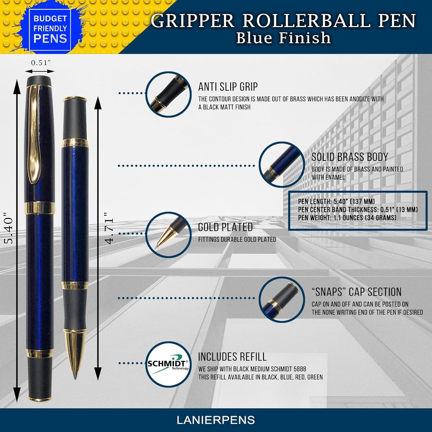 Gripper Rollerball Pen - Blue with Anti Slip Grip (Budget Friendly Pen)