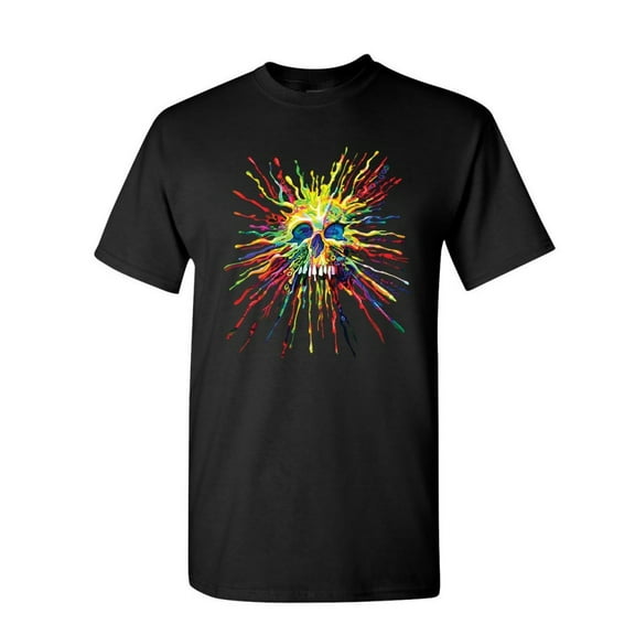 Tee Hunt Paint Splatter Skull T-Shirt Multicolor Art Crazy Melting Drip Mens Shirt