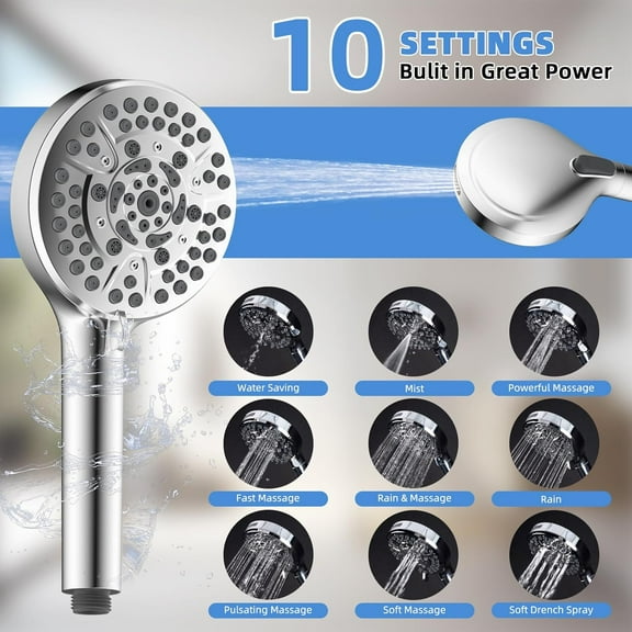 All Metal Shower Head, 8" High Pressure Rainfall/Handheld Shower Combo with 11" Extension Arm, 10-Spray Handheld Showerhead, 71" Long Hose, 3-Way Diverter Valve, Chrome