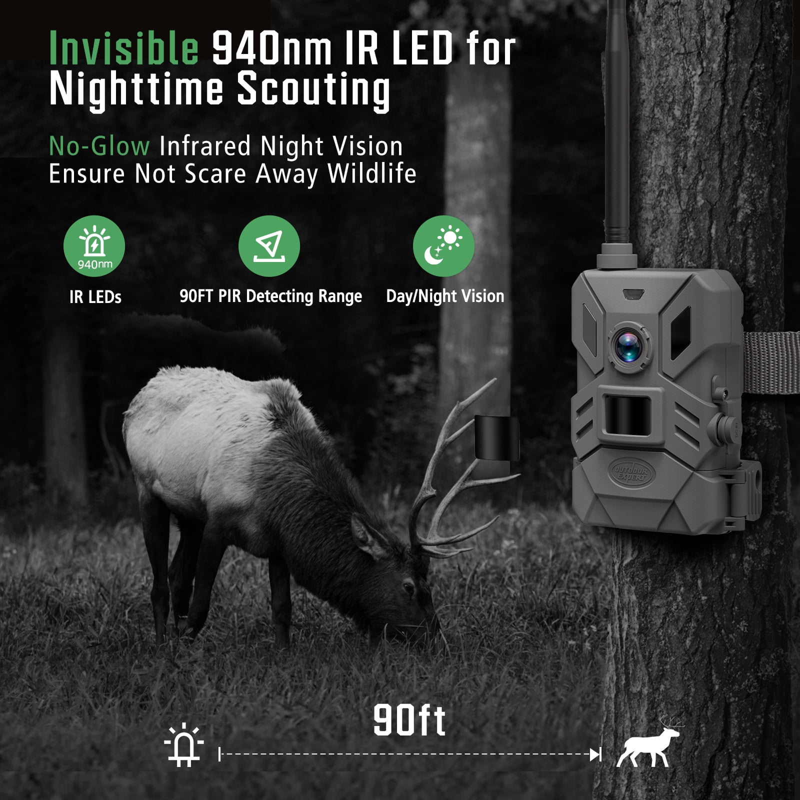 OUTDOOR EXPERT 4G Cellular Trail Camera,36MP Hunting Camera with No Glow 940nm IR Led Night Vision,HD Video IP66 Waterproof Game Cam,90FT Flash Range Wildlife Monitor