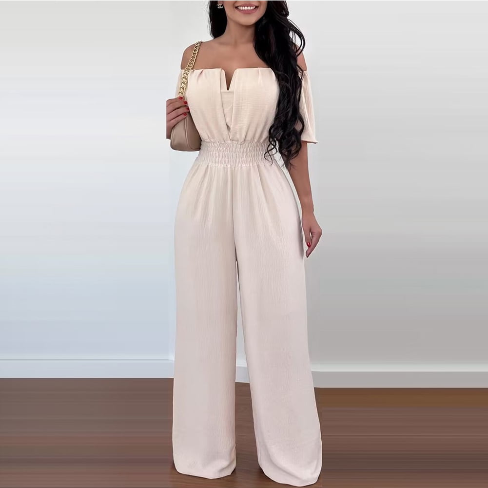 FJUCHAI Women's Casual Jumpsuits Loose Overalls Short Sleeve One Piece Wide Leg Long Pant Rompers With Pockets S-XL