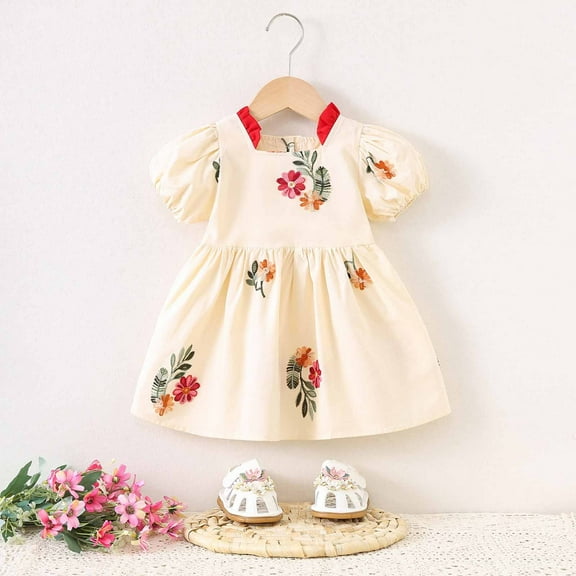 Pejock Toddler Baby Girl Dress - Summer Short Sleeve Embroidered Skirt, Soft Cotton Play Outfit for 12-24 Months & 2-4 Years, Birthday Holiday Gift
