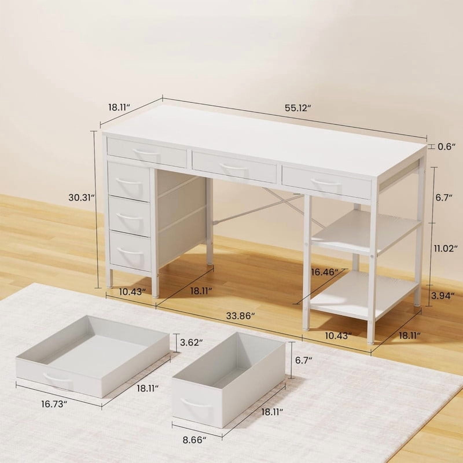 Kelno 55 Inch Computer Desk with 6 Fabric Drawer Storage Shelf Gaming Writing Table, White