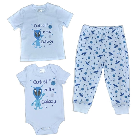 Cutest in the Galaxy - Baby Boy Alien 2-Piece Clothing Set | Onesie Bodysuit or T-shirt with matching Sweatpants | Short Sleeve | Cotton | Baby Shower Gift | 0-36 months