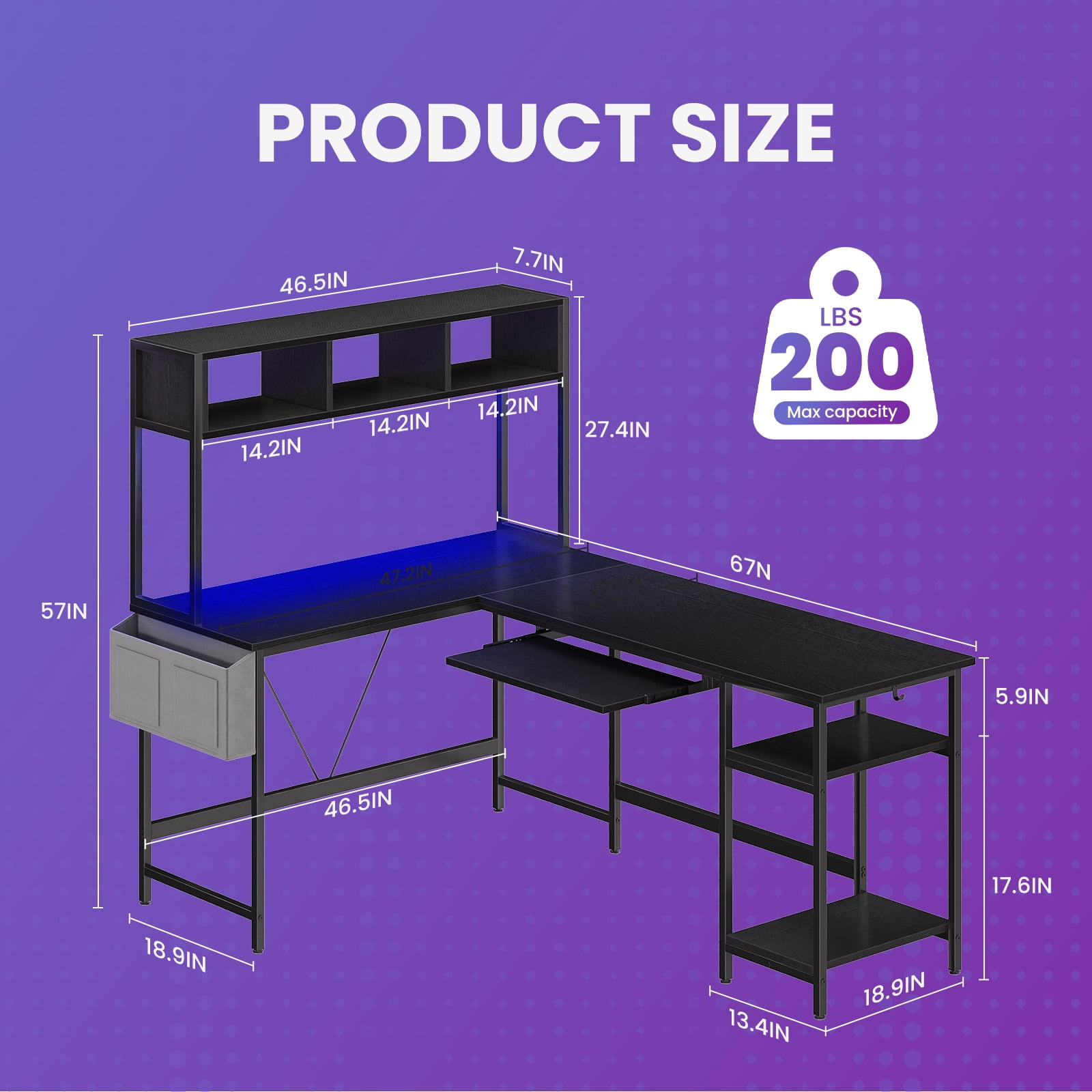 MCQ 94.5" Large L-Shaped Gaming Desk with LED Lights, Power Outlets, Drawer, Keyboard Tray & Hutch, Black