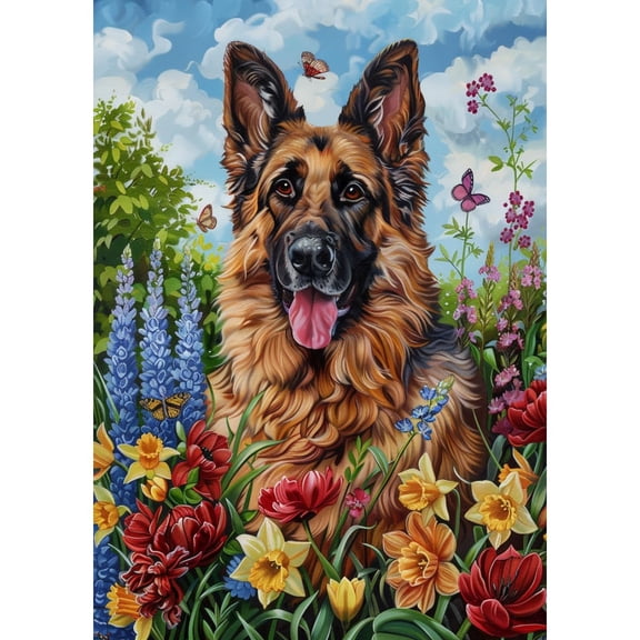 5D Diamond Art Painting by Number Kits for Adults German Shepherd in Flowers DIY Paint with Full Drill Round Diamond Gems Painting Art Craft for Home Wall Decor 15.8x19.8inch
