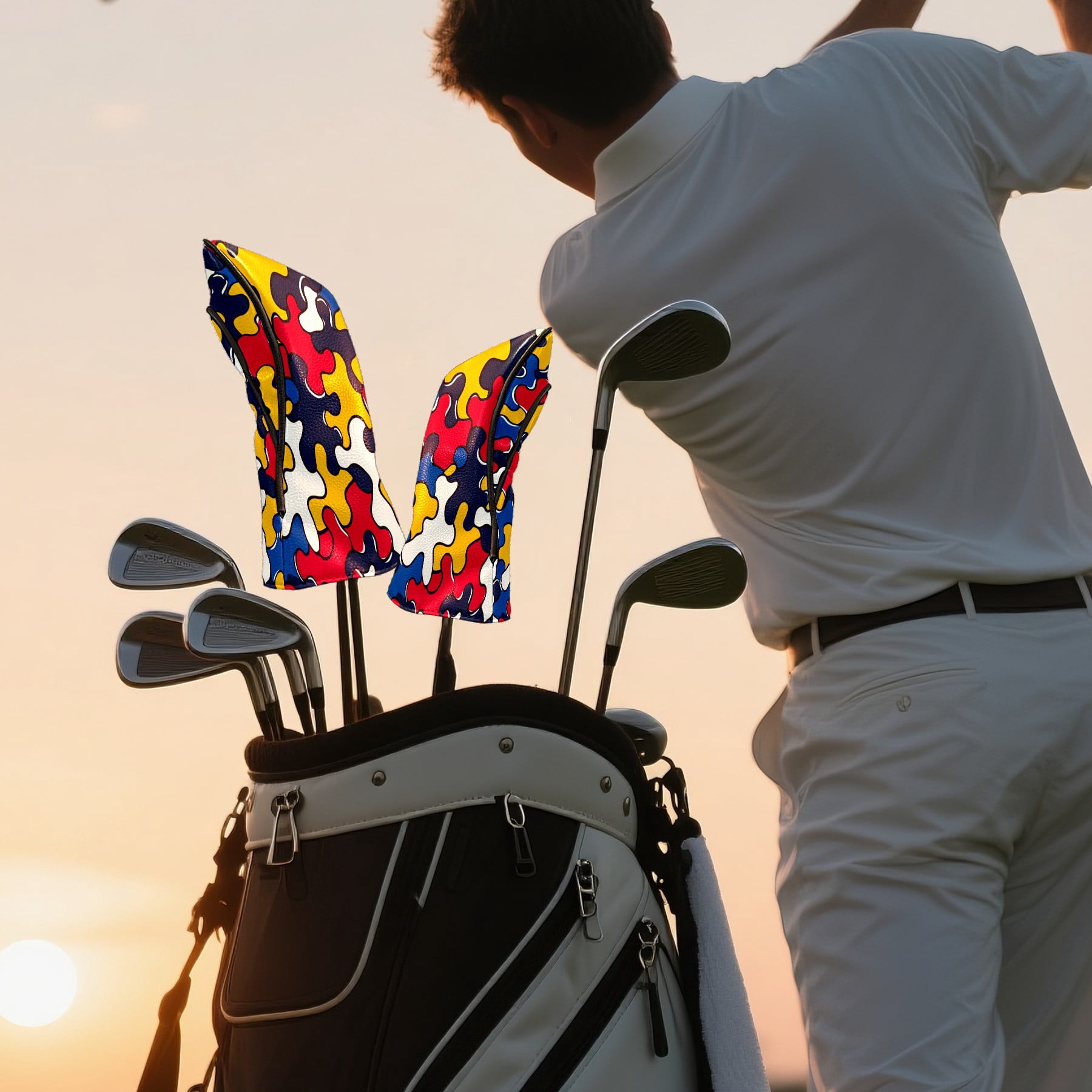 Golf Club Covers PU Leather Waterproof Head Covers for Fairway Woods Hybrids Puzzle Pieces