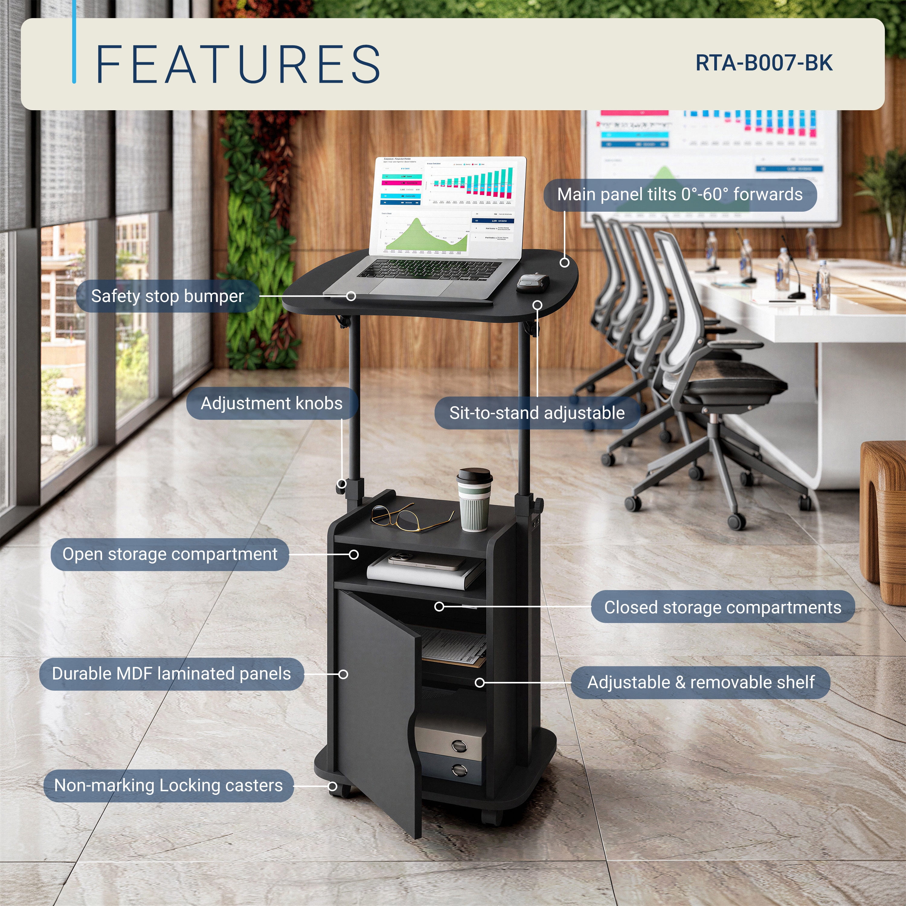 Sit-to-Stand Rolling Adjustable Laptop Cart with Storage Cabinet & Open Shelf, Lockable Wheels Ergonomic Mobile Standing Desk Podium for Home Office Classroom Bedside