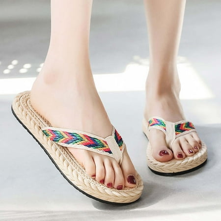 

Slippers Clearance Summer Women Seaside Imitation Straw Flip Flops Fashion Flat Beach Flip Flops