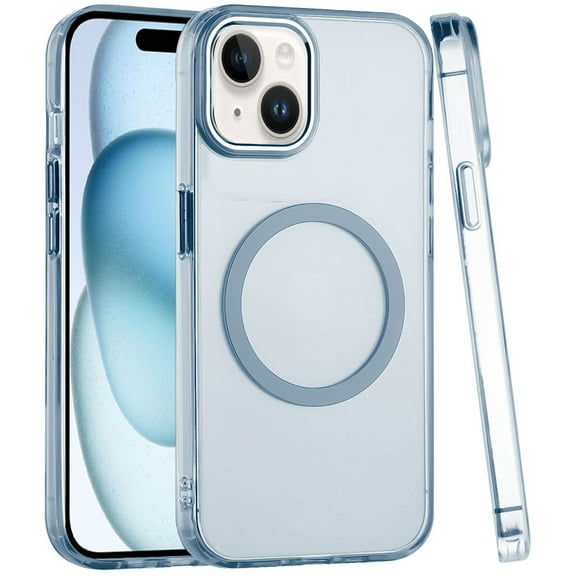 For Apple iPhone 14 /13 Case, Transparent Back Hybrid Case - Magnetic Circle, Color Frame, Metal Buttons, MagSafe Compatible Phone Cover (Blue)