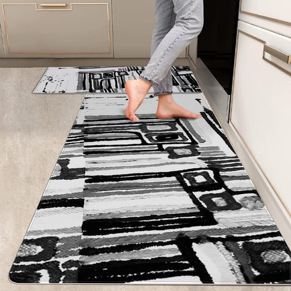 2 Pieces Kitchen Rugs, Abstract Anti Fatigue Non Slip Foam Cushioned Black White Gray Art Modern Comfort Indoor Floor Mat Runner Rug Set for Laundry Office Sink Bathroom (17"X48" 17"X24")
