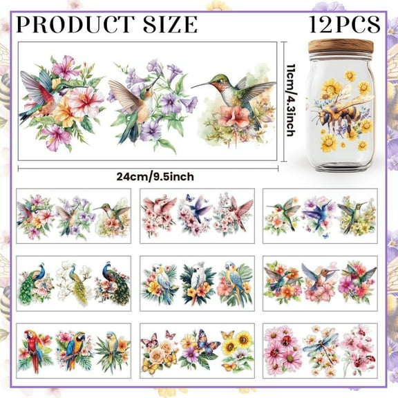 30 Pcs UV DTF Cup Wraps 10 Styles Bird UV DTF Cup Wrap Transfer Stickers Hummingbird Peacock Dragonfly Insect Waterproof Transfer Stickers for Glass Cups Wood Crafts