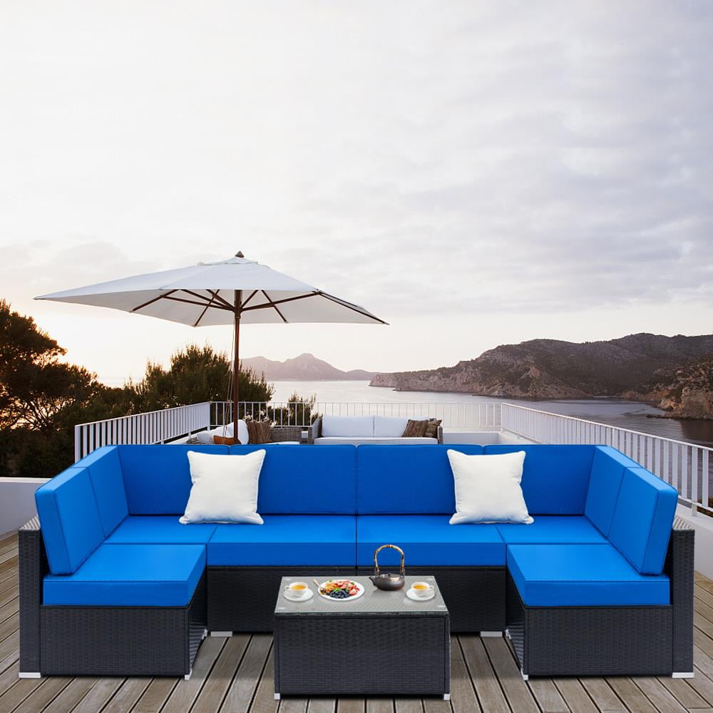 Ktaxon 7pc Outdoor Patio Sectional Sofa Set, Rattan Wicker Furniture All-Weather - Black & Blue