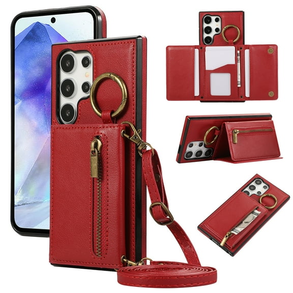 for Samsung Galaxy S24 Ultra Wallet Case with Card Holders for Women Girls, Crossbody Strap Zipper PU Leather Case with Finger Ring Protective Kickstand Designed for Samsung Galaxy S24 Ultra, Red