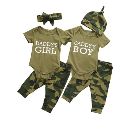 

Baby Boy Girl Outfit Camouflage Letter Print Romper Long Pants Hat Clothes Set