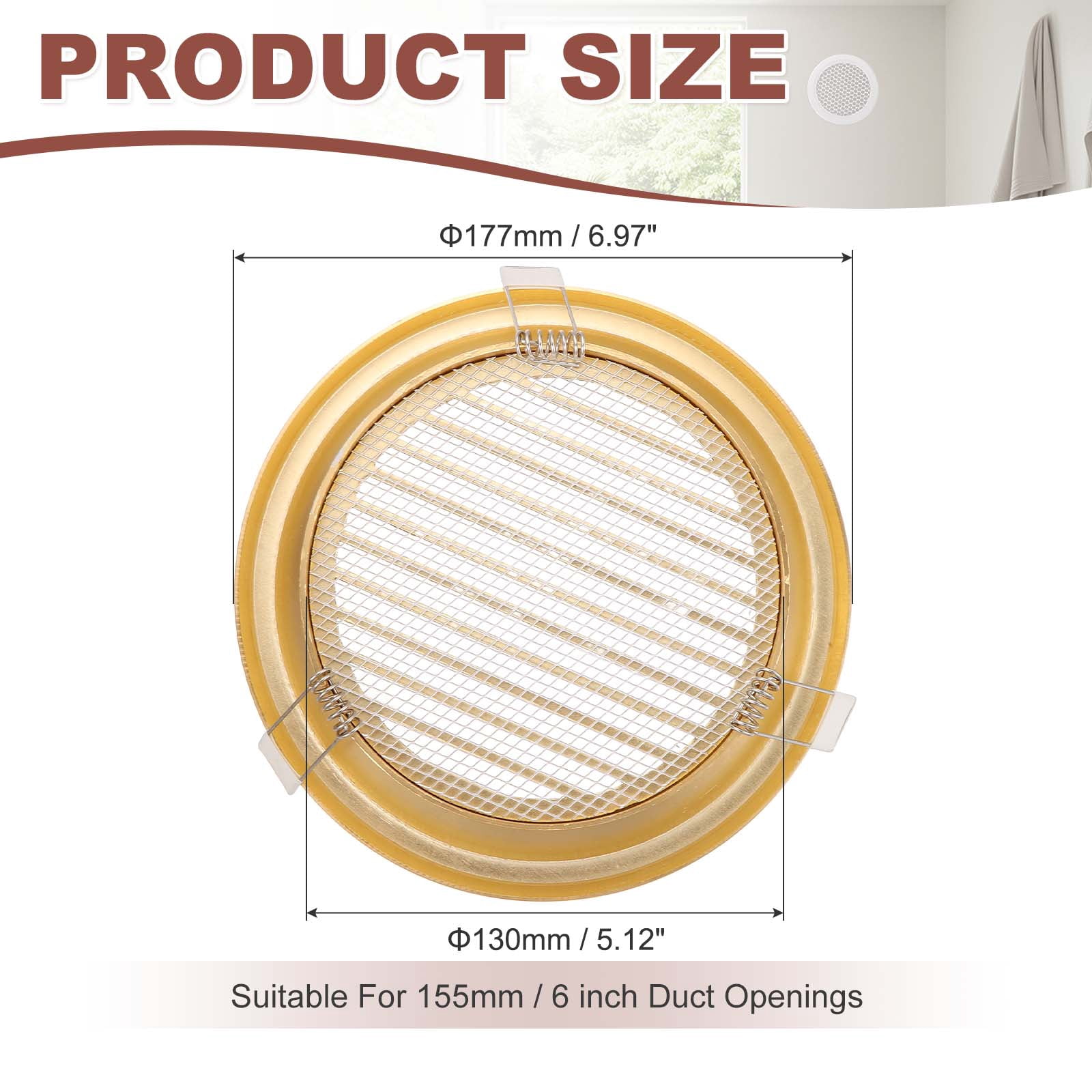 Uxcell Round Ceiling Vent Cover (155mm / 6" Duct Opening Size) - Aluminum Alloy Ceiling Air Grille Soffit Exhaust Vent Diagonal Louver Cover Plate for Bathroom Home Kitchen, Gold