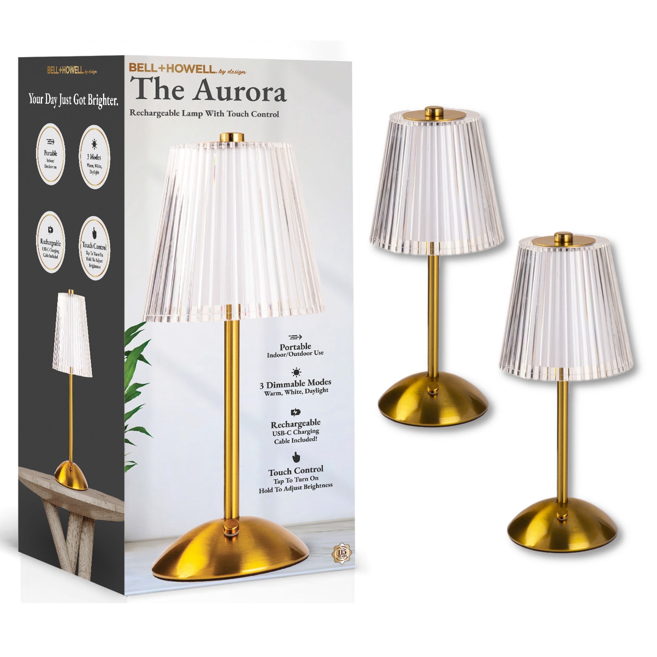 Bell and Howell Aurora Table Lamp 2 Pack Small Cordless Touch LED Rechargeable Lamp Bedside Desk Nightstand Gold Base