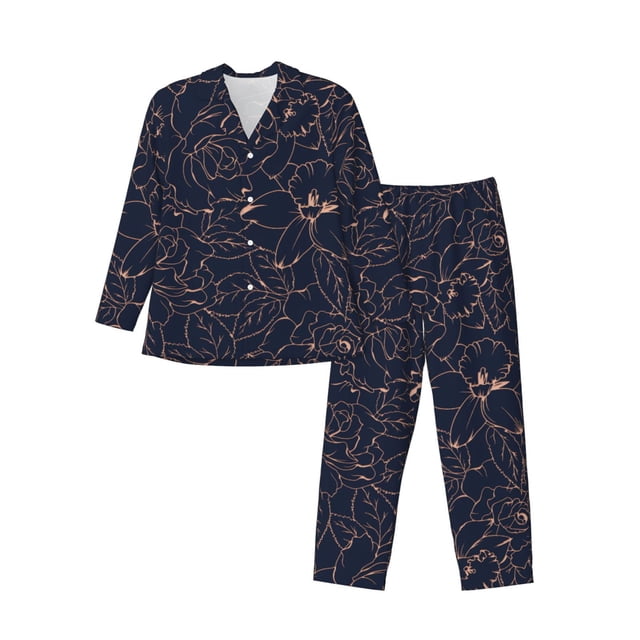 Balery Copper-Gold Gloss Outline Flower Pijama para Hombre de Dos Piezas con Manga Larga, Conjunto de Dormir y Descanso Suave con Bolsillos-X-Large