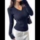 thumbnail image 1 of Suéter de Punto de Larga para Mujer, Jersey Ajustado con Cuello en V, Moda de Otoño, Atuendos Informales de Negocios para Otoño. Azul Marino XL, 1 of 10