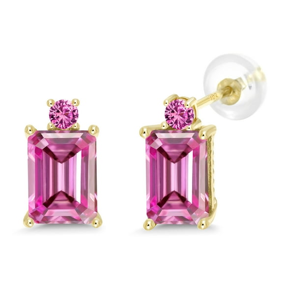 Gem Stone King 10K Yellow Gold Earrings Octagon Pink Moissanite and Created Sapphire (3.60 Cttw)