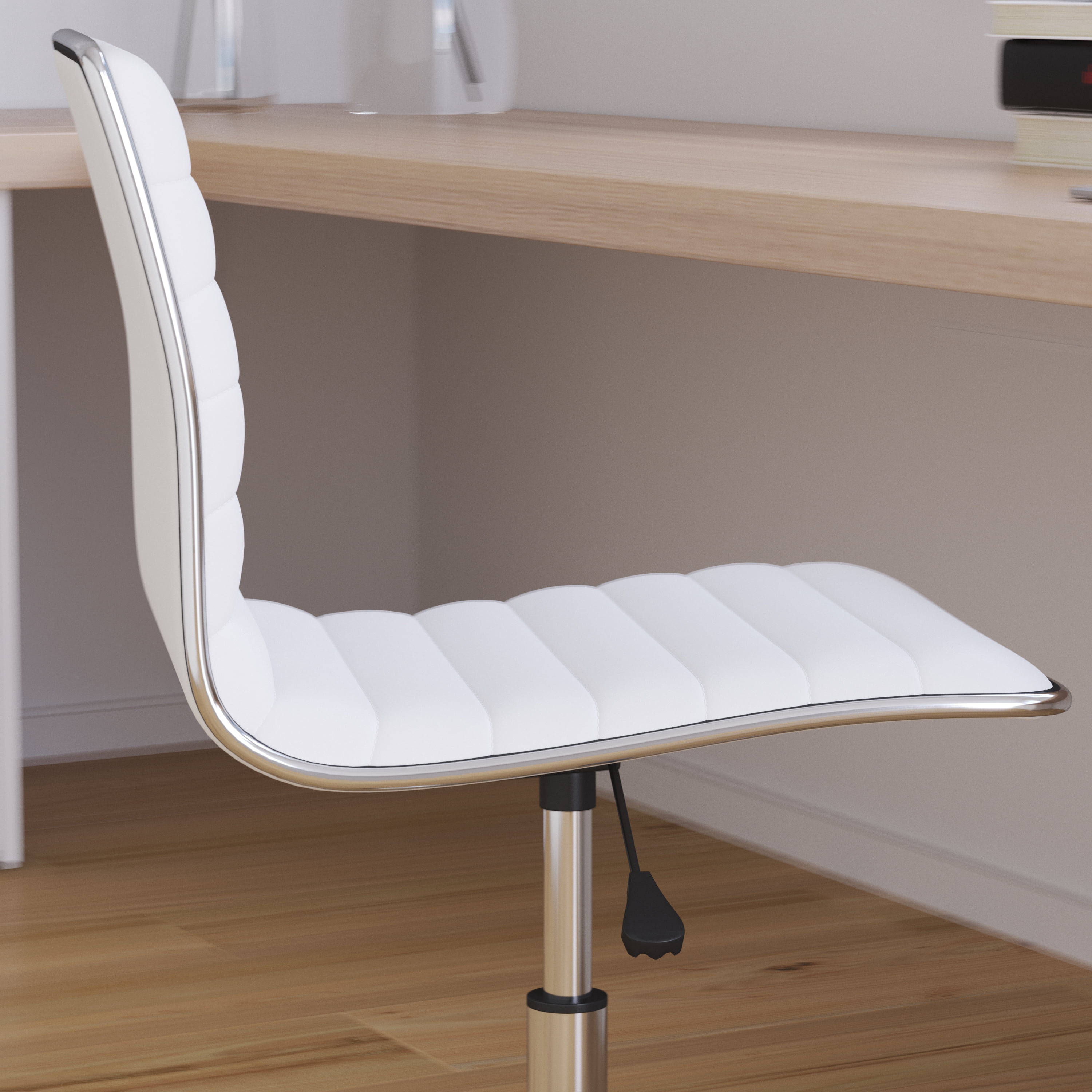 Merrick Lane Home Office Chair Ergonomic White Ribbed Low Back and Seat Armless Contemporary Computer Desk Chair with Chrome Border