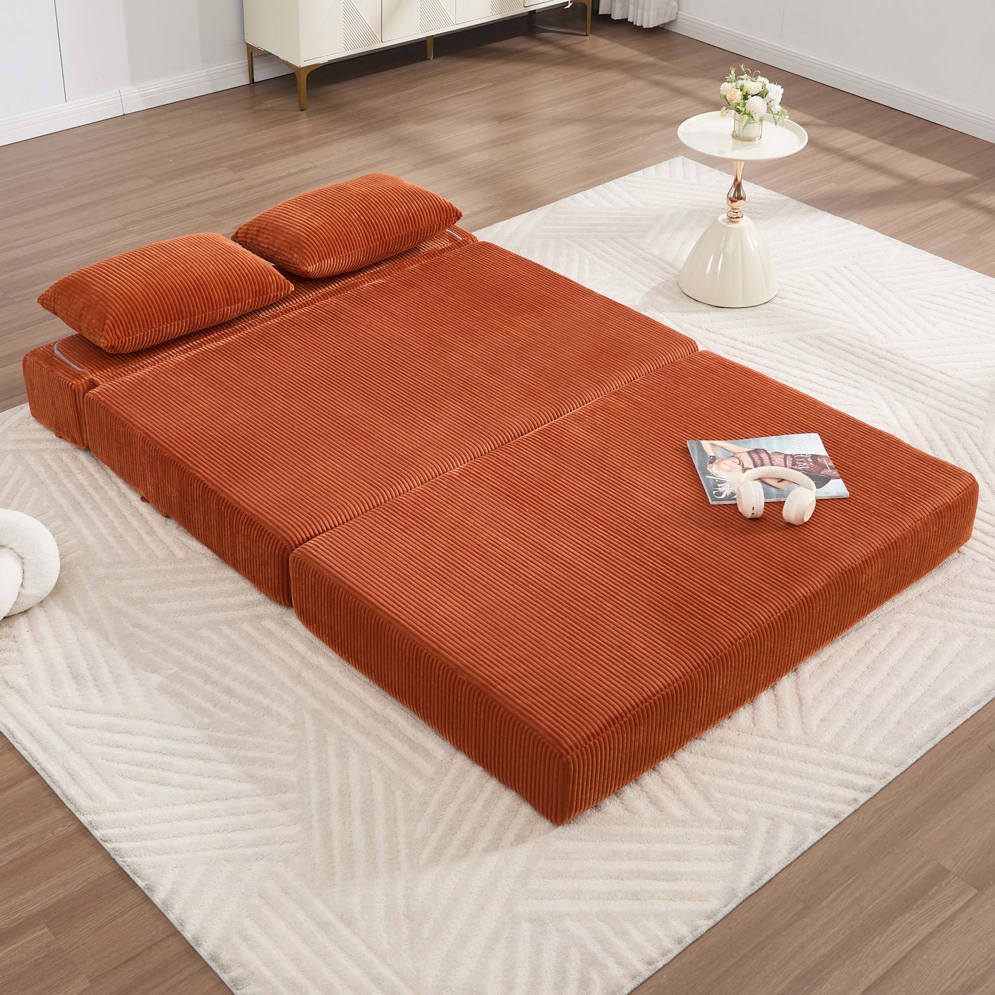 Miniyam Orange Sofa Bed, 55"x80" Full Size Sleeper & Compact Lounge Chair, Converts from 16"H Seat to Bed, Easy Assembly for Small Space, Dorm, Office