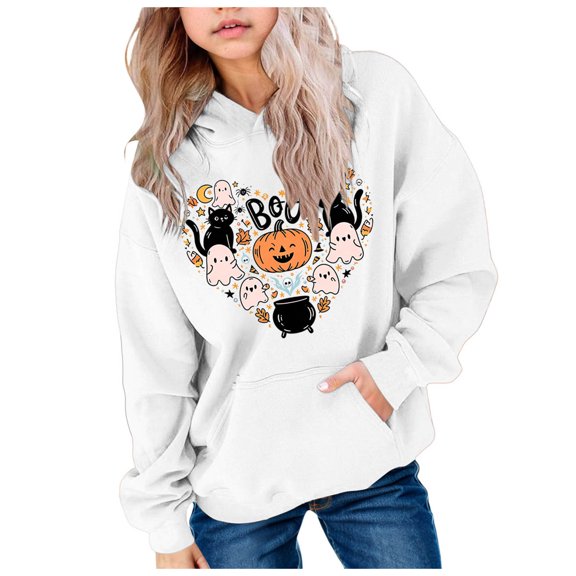 JFOPQVSM Girls' Hooded Long Sleeved Sweatshirt with Halloween Print Cute Fun Simple and Versatile Top