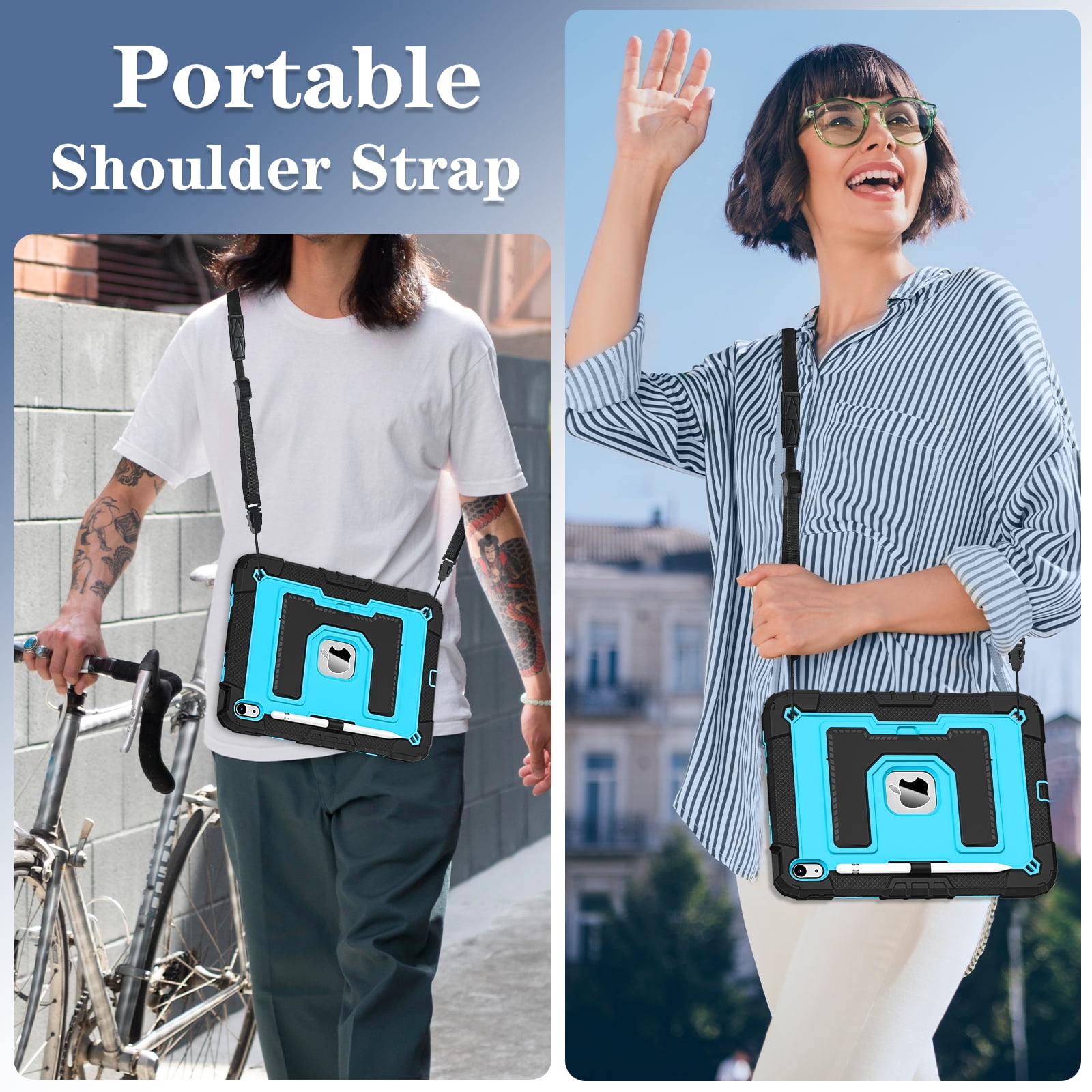 Dteck Case for iPad Air 11 Inch (M3/M2, 2025/2024)/ iPad Air 5 (2022) / iPad Air 4 (2020), Heavy Duty Sturdy Stand Case with Pencil Holder, Shoulder Strap,Black Blue